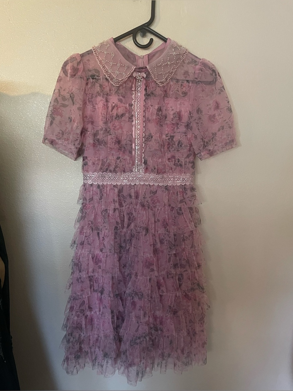 Pink Floral Lace Ruffle Dress